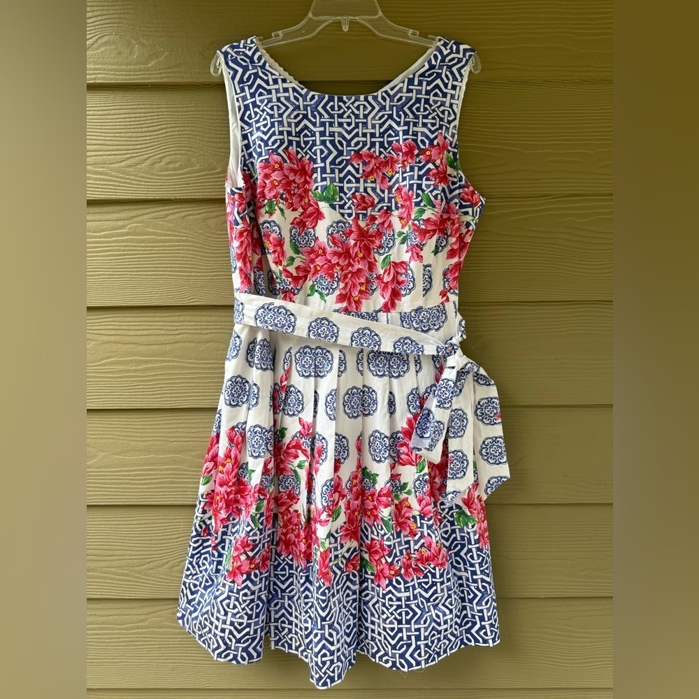 TALBOTS Mosaic Floral Sateen Pink Blue Cotton Stretch Fit & Flare Dress Sz 16WP - Picture 8 of 15